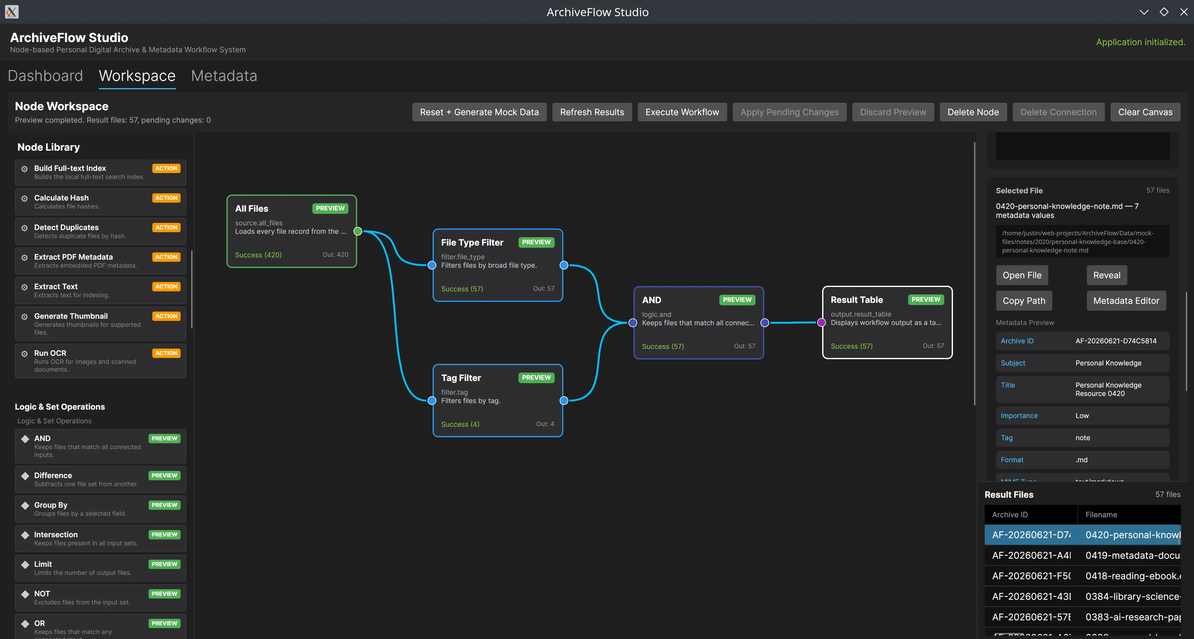 ArchiveFlow Studio 的節點式工作流程畫布,包含檔案來源、處理節點與輸出節點